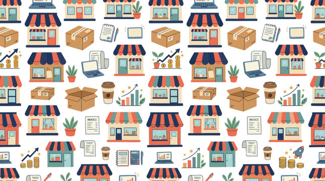 Small Business Storefronts, Packages, and Growth Charts Seamless Pattern
