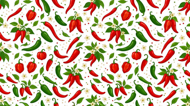 Spicy Chili Peppers Seamless Pattern: Red & Green Jalapenos with Blossoms