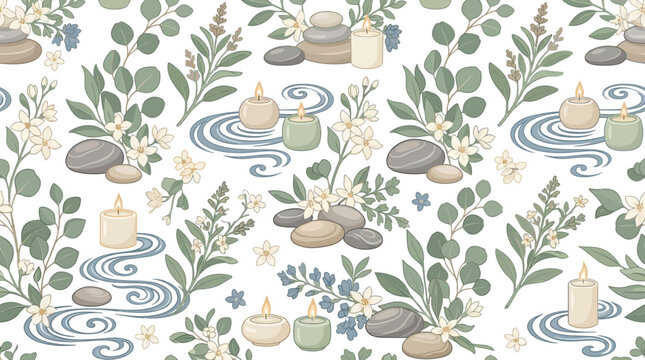 Spa Background: Stones, Candles, Eucalyptus Leaves, and Water Ripples - Seamless Pattern