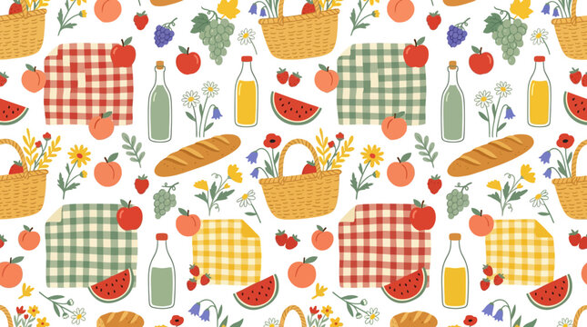 Summer Picnic Pattern: Basket, Fruits, Bread, Drinks, Flowers on White Background