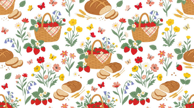 Summer Picnic Pattern: Strawberries, Bread, Flowers, Butterflies - Seamless Background