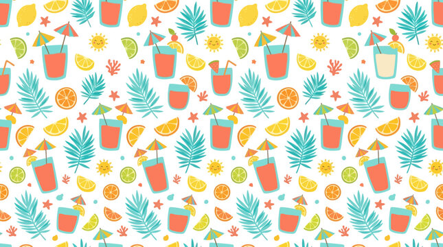 Summer Tropical Cocktail Pattern with Fruits and Palm Leaves