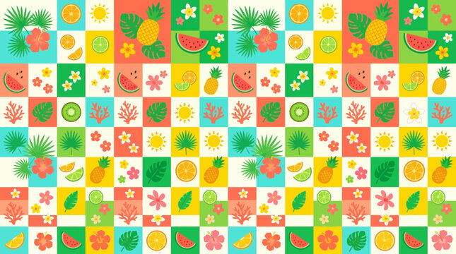 Summer Tropical Fruit Pattern - Pineapple, Watermelon, Citrus, Flowers & Leaves