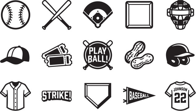 A collection of black and white baseball icons and symbols including a ball, bats, field, tickets, and helmet
