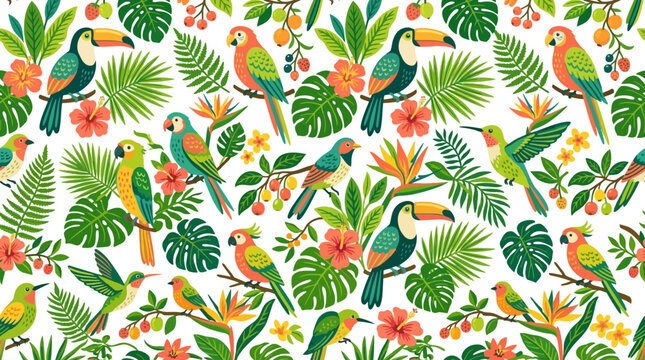 Tropical Birds and Exotic Flowers Seamless Pattern: Toucans, Parrots, Hummingbirds, Leaves