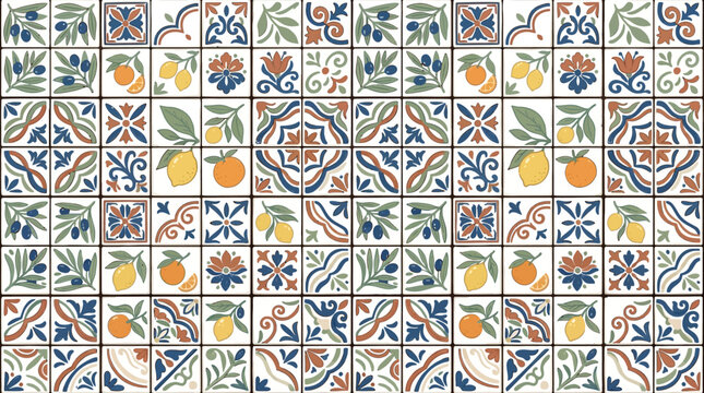 Vibrant Mediterranean Tile Pattern with Oranges and Olives