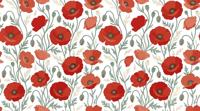 Vibrant Red Poppy Flower Seamless Pattern, Floral Background, Summer Nature
