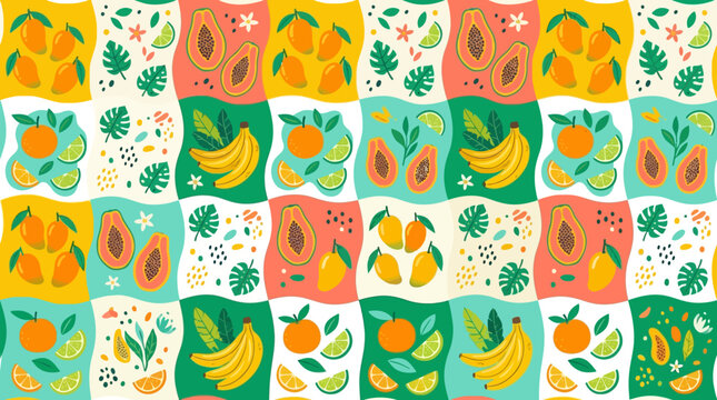 Vibrant Tropical Fruit Pattern: Mango, Papaya, Banana, Orange, Lime & Leaves