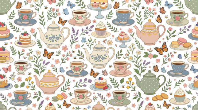 Vintage Tea Party Pattern: Teacups, Teapots, Cakes, and Butterflies