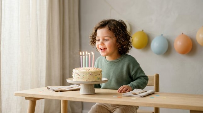 Joyful child's birthday celebration. A happy child sits at a festive table surrounded by balloons and cake.