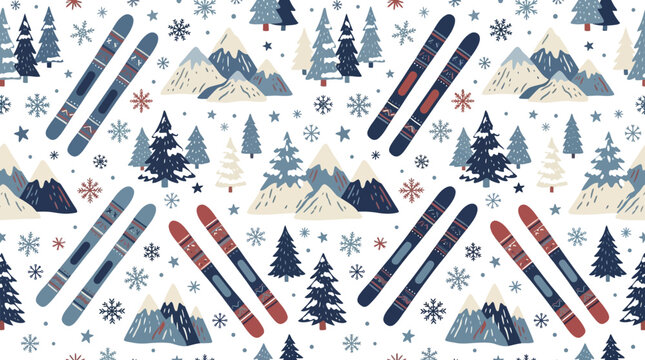 Winter Sports Pattern: Skiing, Snowflakes, Mountains, and Pine Trees