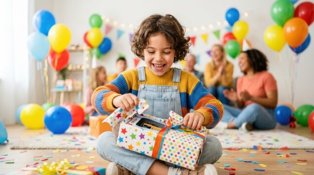 Joyful child's birthday celebration. An excited child smiles brightly while opening a wrapped gift box.
