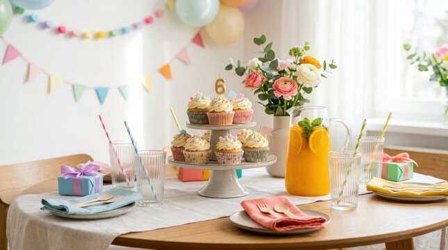 Joyful child's birthday celebration. A beautifully arranged party table features a tiered stand of cupcakes.