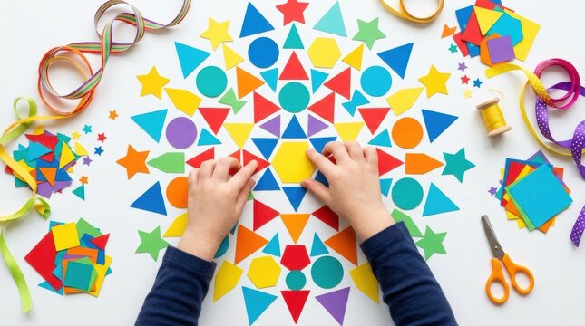 Joyful child's birthday celebration. A child's hands carefully arrange colorful geometric paper decorations on a white surface.