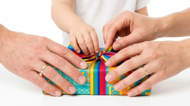 Joyful child's birthday celebration. Hands of a family gather together to touch the ribbon on a beautifully wrapped gift.