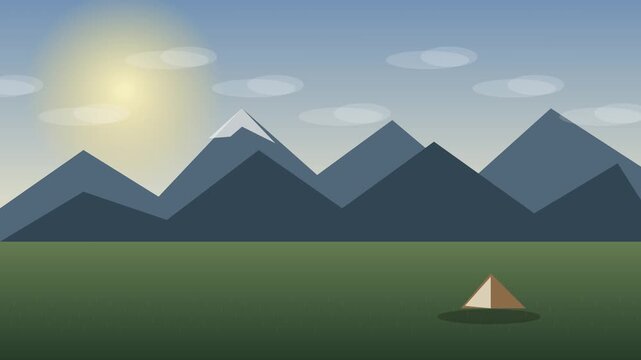 Flat 2D Vector Mountain Landscape Animation with Seamless Loop, Outdoor Recreation Tourism Campaign.