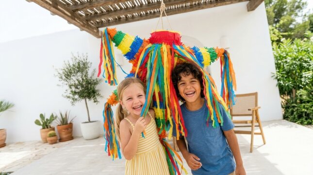 Joyful child's birthday celebration. Happy kids peek playfully through colorful hanging ribbons of a party decoration.