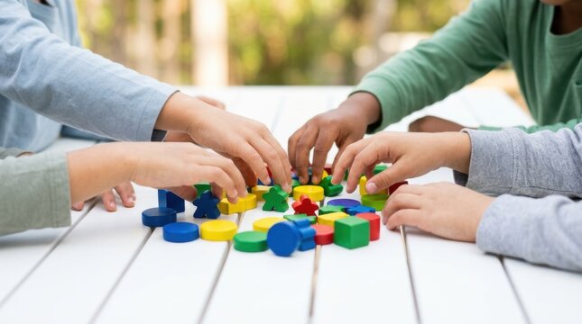Joyful child's birthday celebration. Close view of hands eagerly reaching for colorful building blocks on a table.