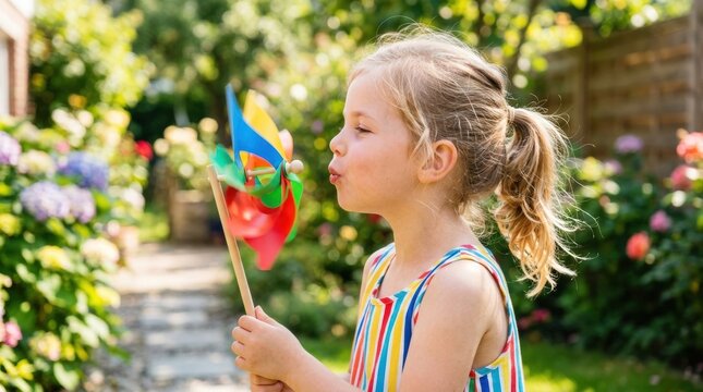 Joyful child's birthday celebration. A young girl sits outdoors and happily blows on a bright colorful paper pinwheel.