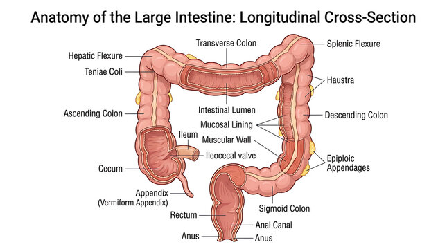Detailed Medical Illustration of the Human Large Intestine Anatomy and Colon Structure in Longitudinal Cross-Section