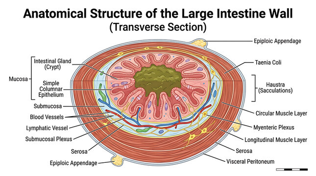Detailed anatomical diagram of the human large intestine wall showing a transverse section of tissue layers