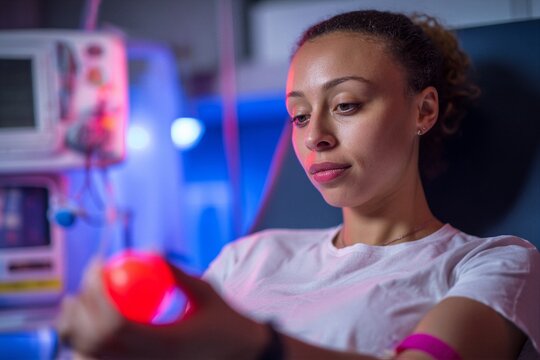 Young woman donates blood while using a stress ball for focus in medical setting