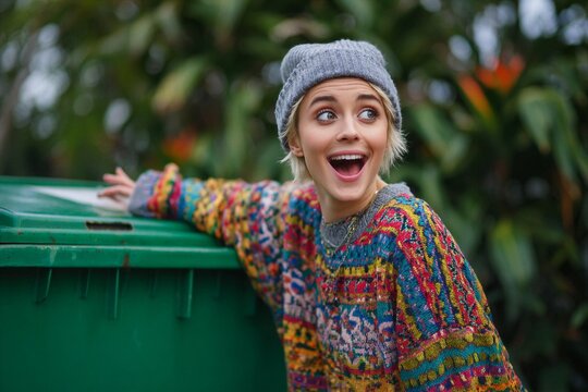 Young woman smiles near a green recycling bin while wearing a colorful sweater and gray beanie
