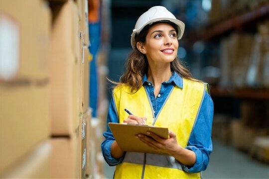 Young woman takes notes in warehouse while wearing safety gear and smiling confidently