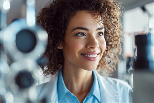 Young woman looks through eye examination lens in busy optometry clinic
