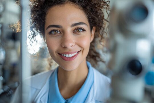 Young woman with curly hair looks through eye examination lens in busy clinic setting