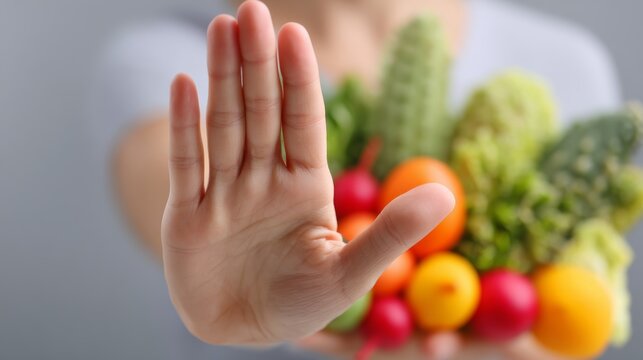 Hand stops disordered diet patterns with fresh fruits and vegetables held in the background
