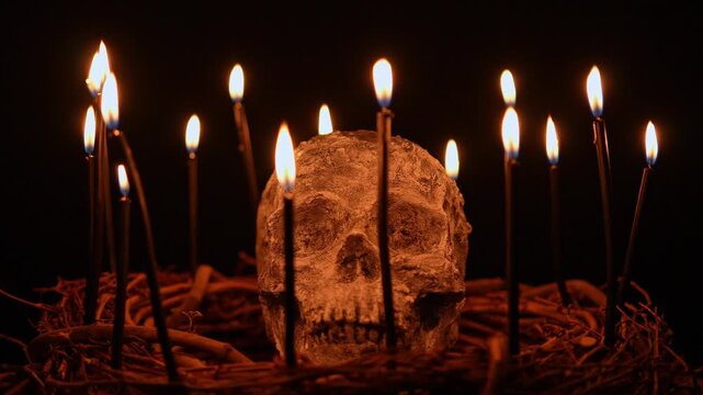 Human skull and black magic candles spirituality concept. Mystic and occult energy chemistry and witchcraft ritual background. Textured clay skull witchery for Halloween.