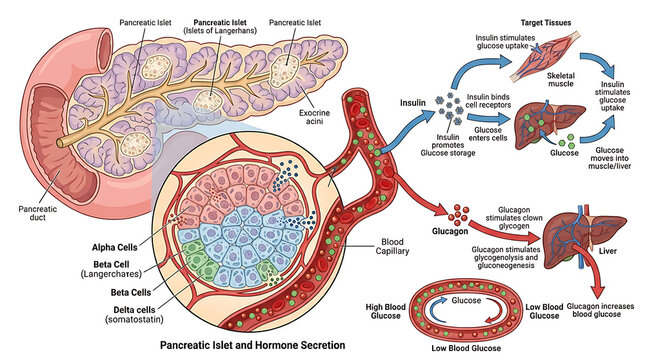 Medical diagram showing the secretion of insulin and glucagon from the pancreas to regulate blood sugar levels in muscle and liver