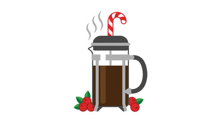Obraz premium Flat design vector illustration of a French press coffee maker with steam and berries, isolated on white