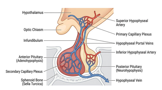 Detailed Anatomical Illustration of the Human Pituitary Gland, Hypothalamus, and Hypophyseal Portal System