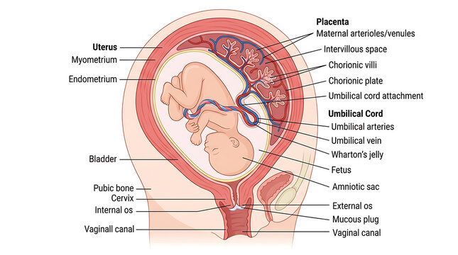 Anatomical diagram of a human fetus inside the uterus showing placenta and umbilical cord