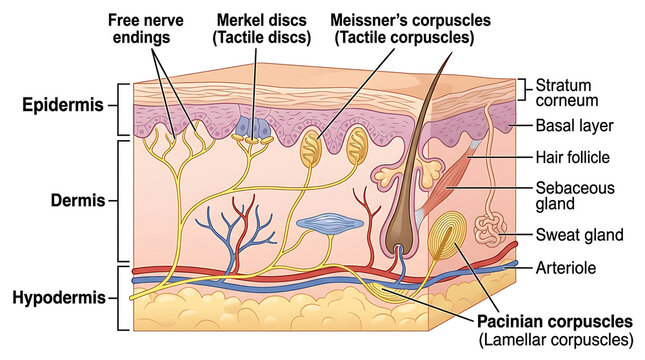 Detailed Anatomical Diagram of Human Skin Structure showing Epidermis Dermis and Hypodermis Layers