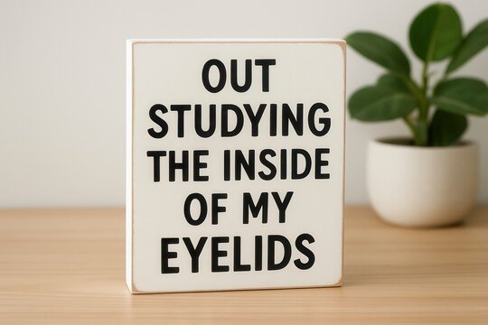 Small white wooden sign with a funny quote about being tired and sleepy placed on a desk near a small house plant, AI generated