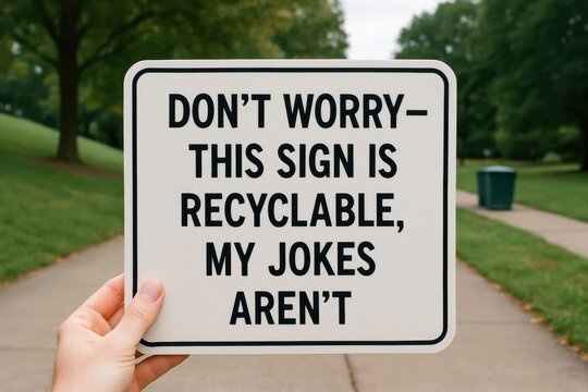 Holding a humorous sign promoting recycling, an individual stands in a park, surrounded by trees and grass, sharing a witty message about sustainability, AI generated