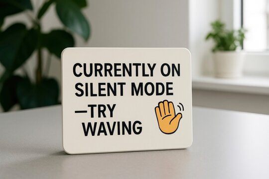 White desktop sign encouraging waving instead of talking, positioned on an office desk, promoting non verbal communication in the workplace, AI generated