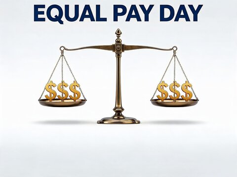 Gold balance scale with equal dollar sign stacks symbolizing gender pay equity, wage transparency, and financial justice for International Equal Pay Day