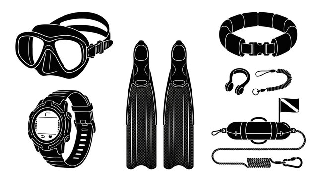 Scuba Diving Equipment Set Black Silhouette Icons Vector Illustration