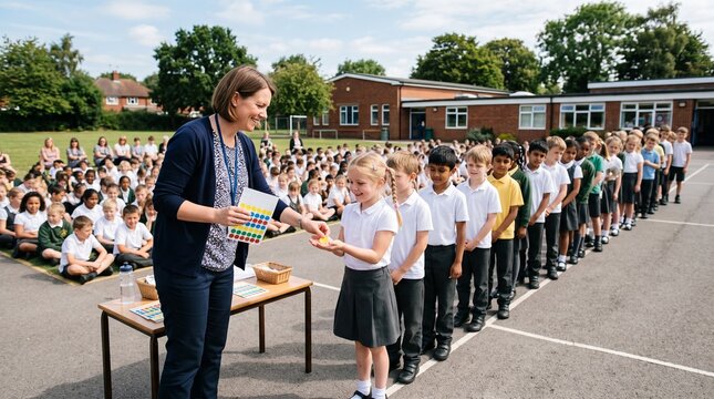 Teacher gives reward to student in line at school assembly outdoors