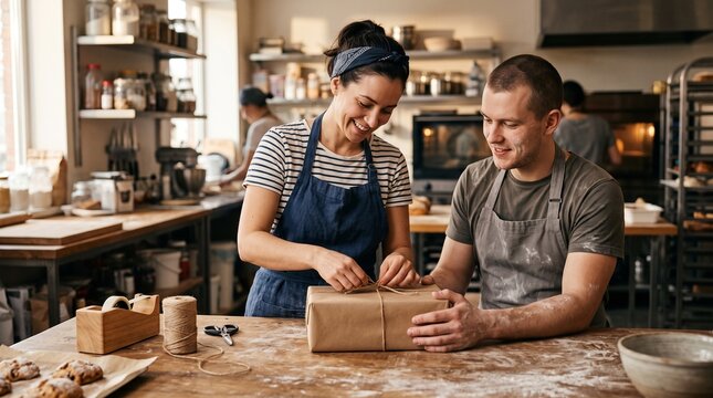 Bakers wrapping a gift box in a bakery kitchen