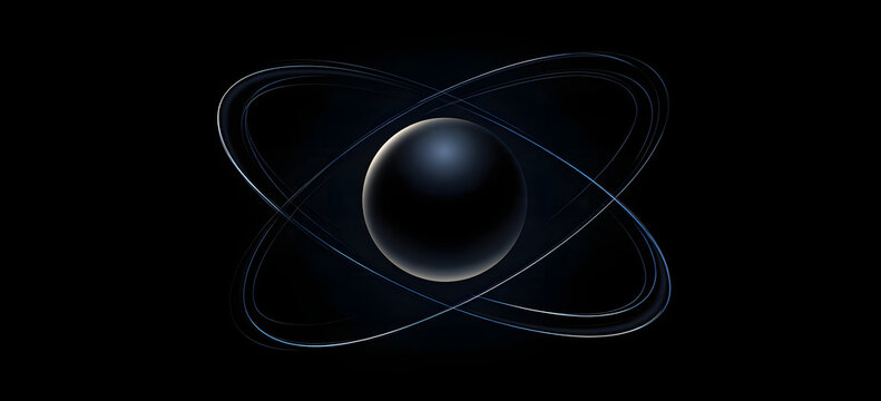 A minimalist black hole sphere, framed by dynamic orbital rings atop a dark backdrop, embodies concepts of physics, gravity, atomic structure, and a futuristic space. Vector art.
