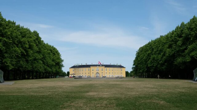 Wide angle view of Sorgenfri Palace in Lyngby-Taarb&aelig;k, Denmark. Sunny summer day. Editorial use. Tourism and travel in Copenhagen