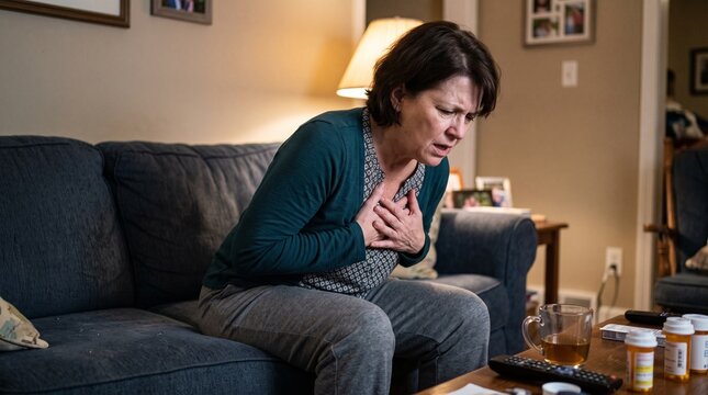 Woman sitting on couch suffering from sudden chest pain and heart attack symptoms at home