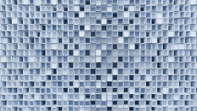 Abstract blue and white architectural pattern of extruded cube tiles set in a dense grid