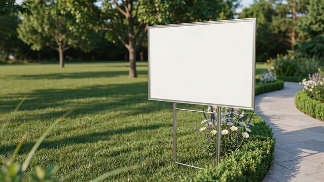 Blank white yard sign on a metal frame standing in a green lawn beside trees real estate mockup