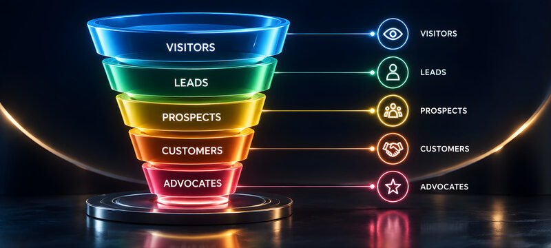 Glowing Sales Funnel Diagram Concept with Visitors Leads Prospects Customers and Advocates Stages

